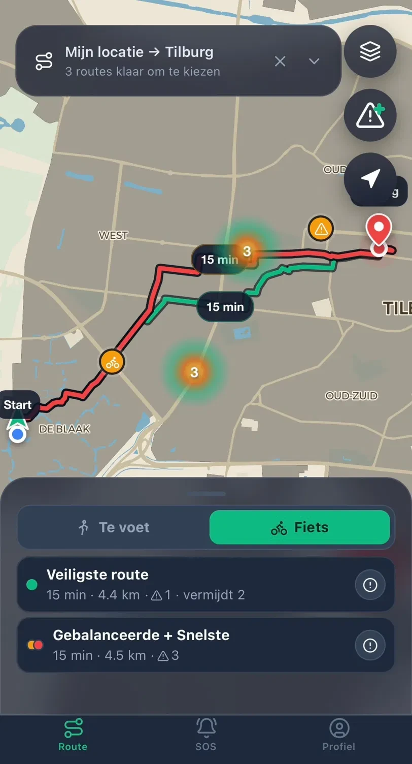 Routekeuzescherm met 'Veiligste route' en 'Gebalanceerde + Snelste'