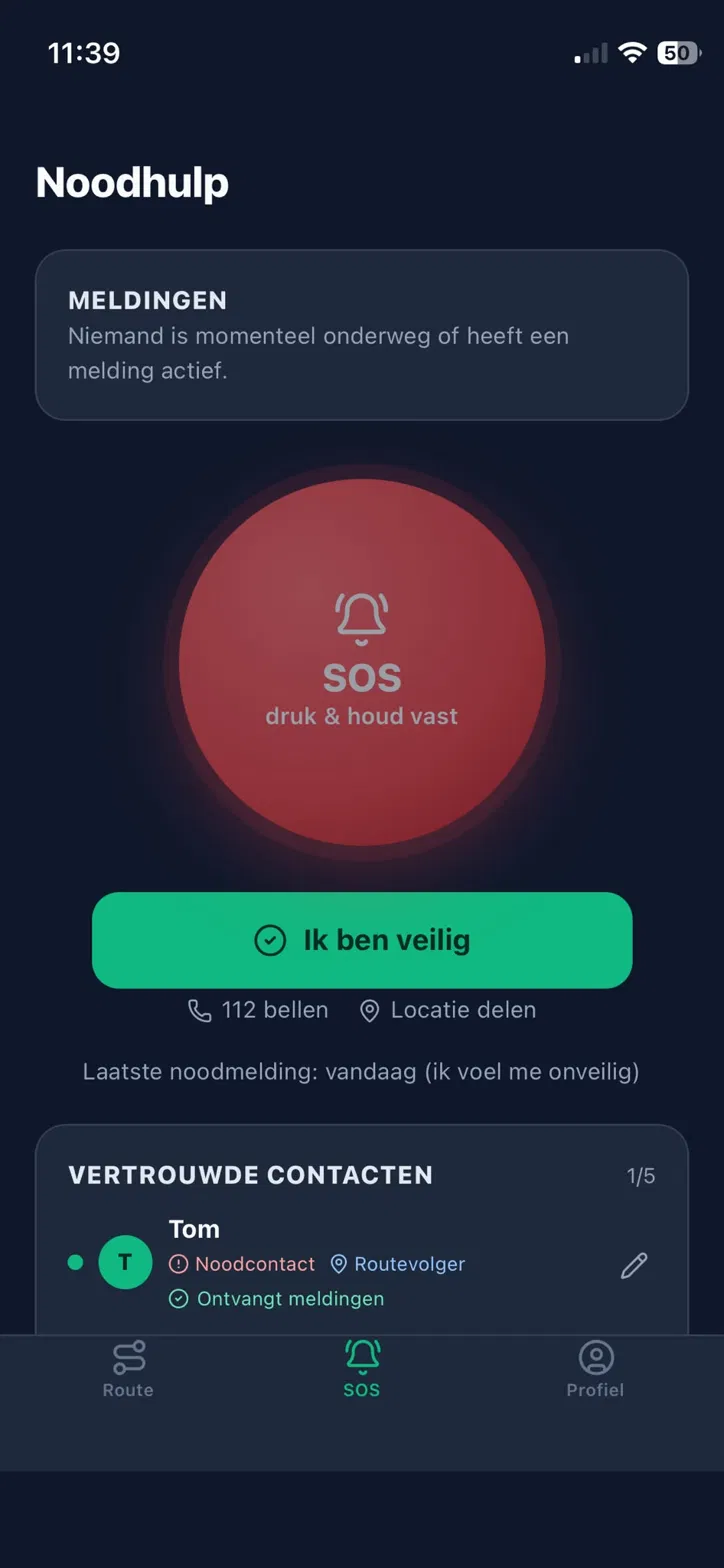 Noodhulpscherm met een vertrouwd contact dat meldingen ontvangt